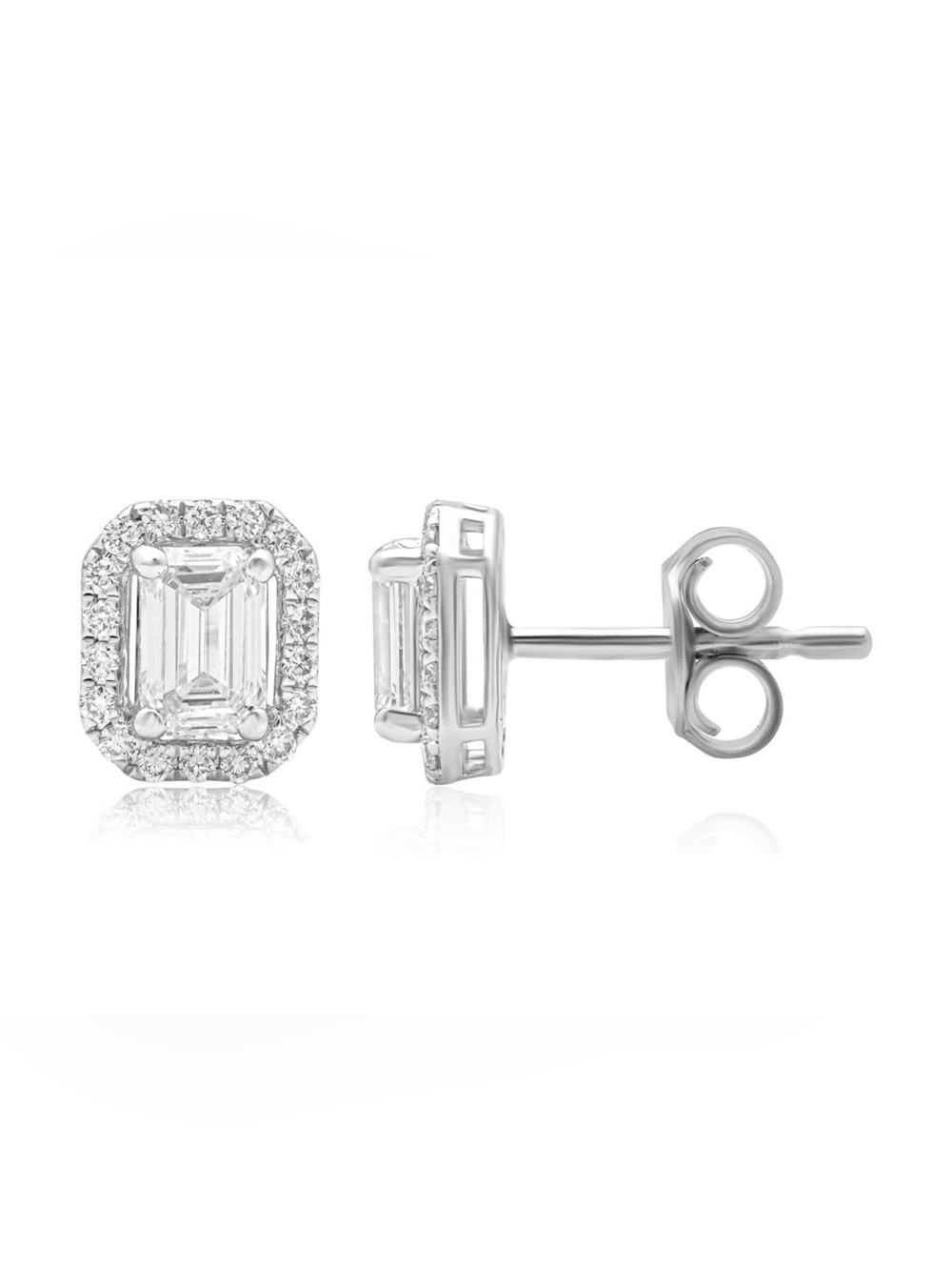 0.75 CTW Emerald Cut Diamond Halo Stud Earrings F-G VS 14K White Gold 925